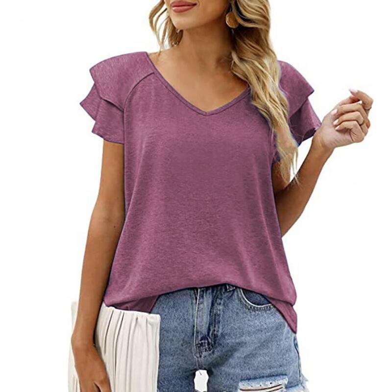Atasan musim panas ringan untuk wanita, pakaian jalan warna polos koleksi kaus leher V kerut lapisan ganda bergaya untuk musim panas