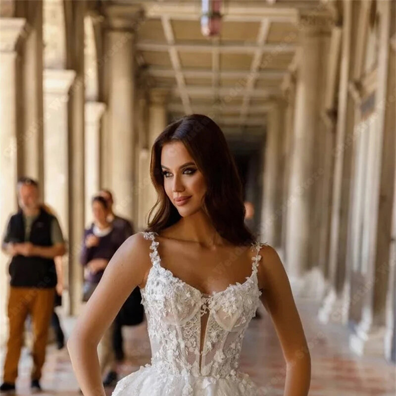 Koronkowe tiulowe suknie ślubne damskie z nadrukiem kwiatowym suknia ślubna z tiulu zaręczynowa księżniczka Vestido De Novia Estilo Boho Chic