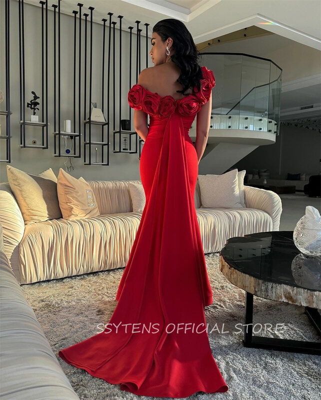 Vestidos longos vermelhos do baile da sereia, elegantes flores 3D, fora do ombro, evento formal, vestidos de noite, personalizados