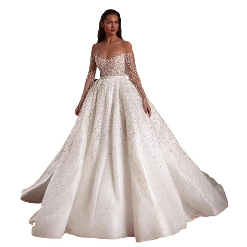 Luxury Glitter Boat Neck Crystal Beading Ball Gown Wedding Dresses For Women 2024 Court Train Bridal Gown Vestidos De Novia