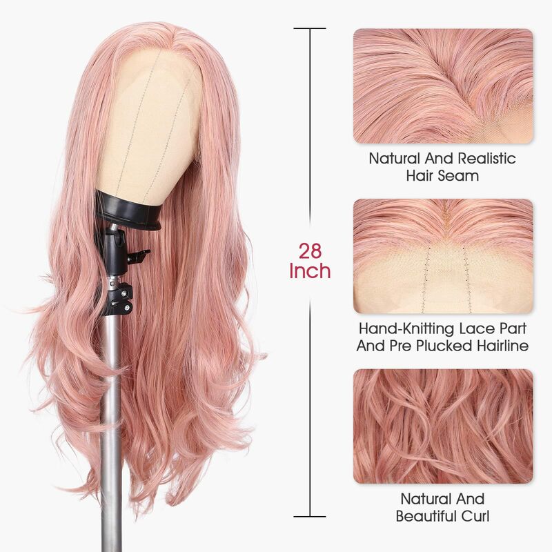 28 cali część przednia koronkowa peruka długie kręcone włosy w połowie różowa fala dla kobiet Cosplay na co dzień