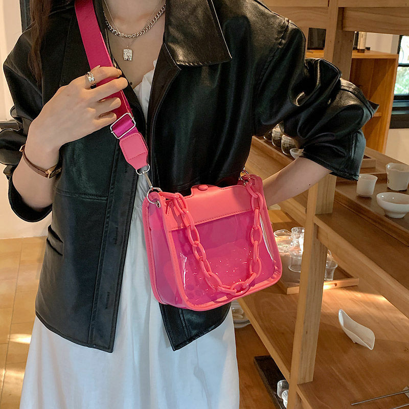 PVC 젤리 체인 원 숄더 클리어 휴대폰 가방, 방수 여성 크로스 바디 미니 가방, 가을 형광 녹색, 신상 패션