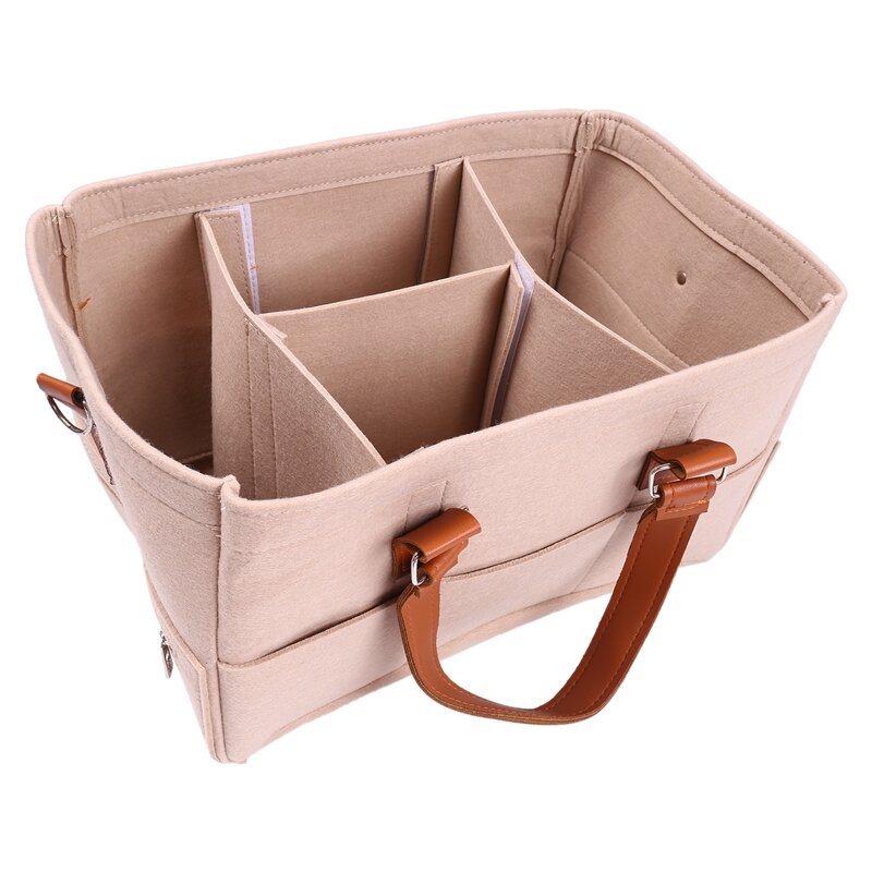 Organizador de pañales para bebé, bolsa de cesta de fieltro ecológico con compartimentos personalizables, asas de cuero