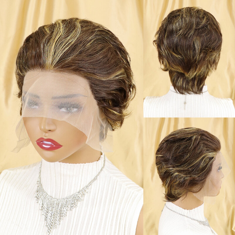 Peluca Pixie corta de cabello humano liso para mujer, corte Bob, encaje transparente, línea de pelo Natural prearrancada, 150% Densit