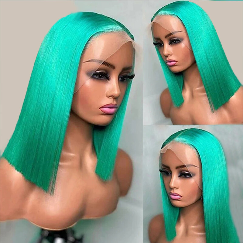 13X4 Short Bob Pixie Cut Straight Mint Green Colored Human Hair Frontal Wig T Part HD Transparent Lace Wigs For Woman Preplucked