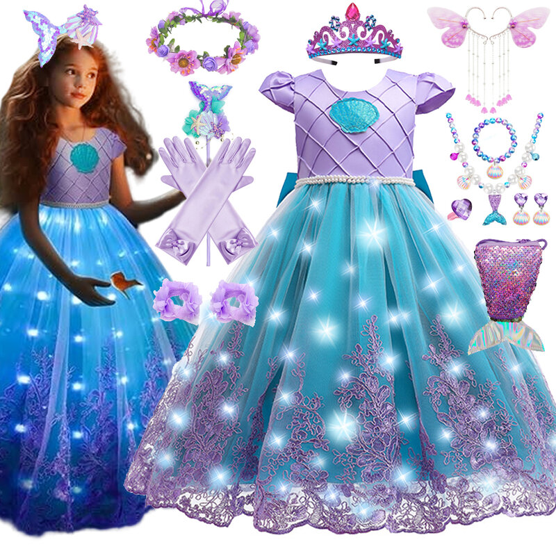 Mała sukienka syrenka dziewczynka księżniczka Ariel kostium ubrania typu Cosplay Halloween karnawał LED kula świetlna suknia imprezowa przedsionek