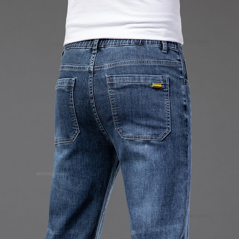 بنطلون جينز رجالي رقيق مستقيمة ، خصر مرن ، مريح ، بنطلون جينز كاجوال ، علامة تجارية ، مقاس كبير ، جديد ، 42 ، 44 ، 46 ، الصيف ،