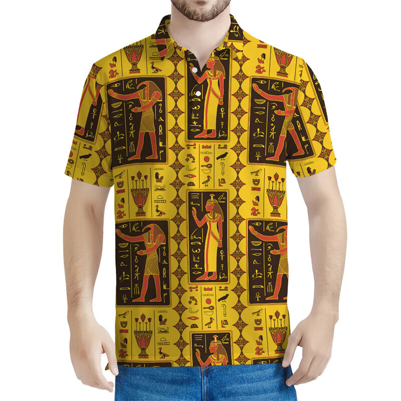 Starożytny Egipt Wzór Koszulka Polo Mężczyźni Nadruk 3D Egipskie Bogowie Totem Przycisk Koszulki Casual Streetwear T-Shirt Klapa Krótki Rękaw