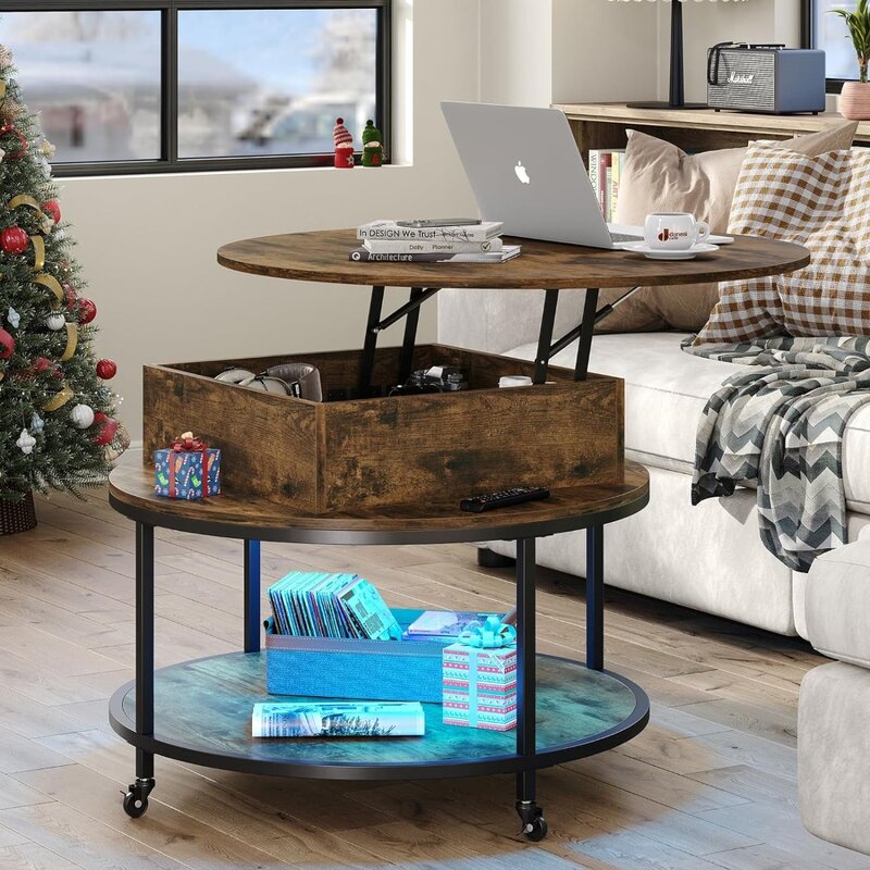 Обеденный стол 35,43 ''W, подъемный круглый журнальный столик с 2-уровневым хранением, деревенский коричневый центральный стол для комнат, мебель, салонный кофейный столик