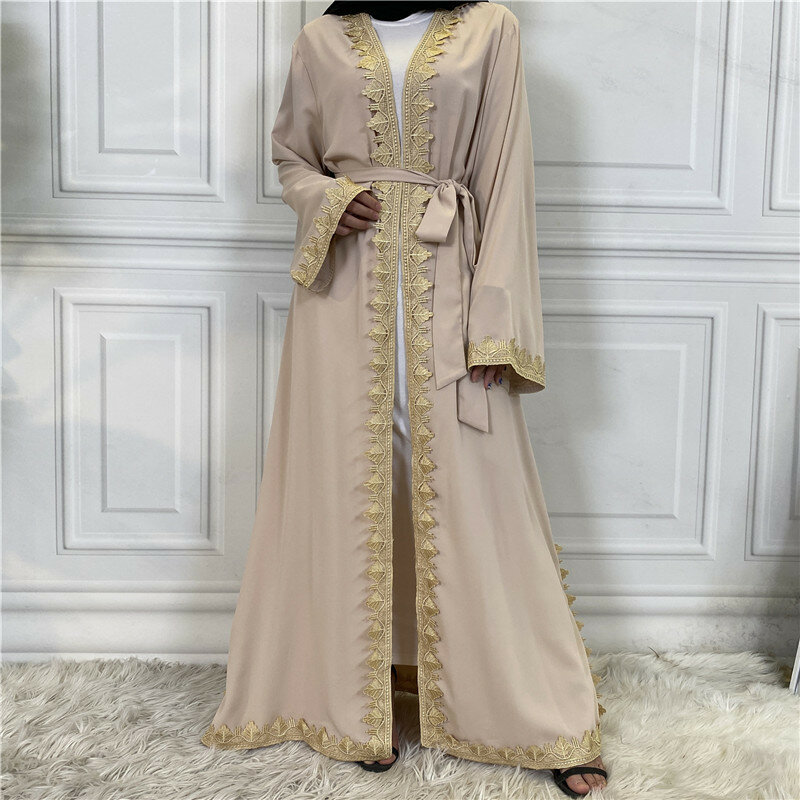 Jubah kardigan bordir Muslim empat musim modis dan kasual jubah warna Solid Arab kolase dan gaun sambungan