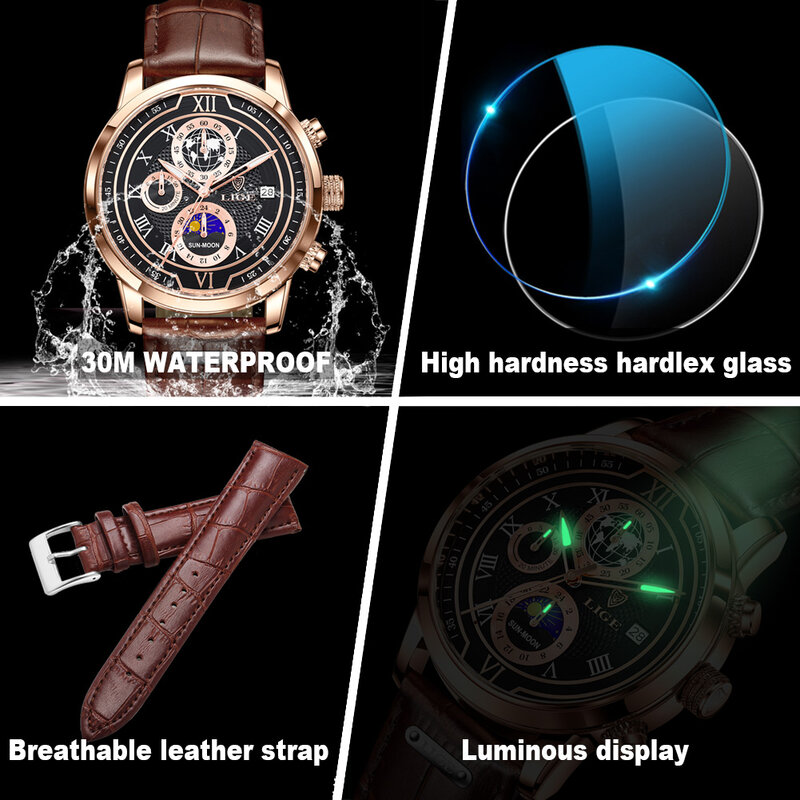 LIGE-Relógio de quartzo de couro de luxo masculino, casual, esporte, impermeável, marca de topo, 2023