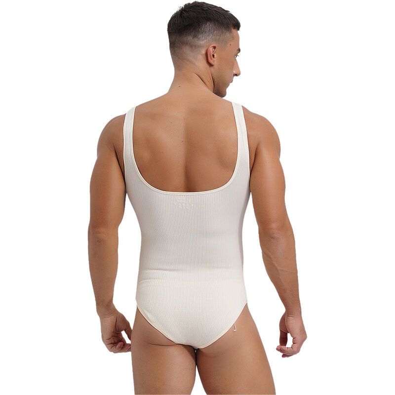 Bodysuit Tank olahraga atletik pria Bodysuit persegi leher tanpa lengan pas badan Leotard bergaris Shapewear untuk binaraga Yoga
