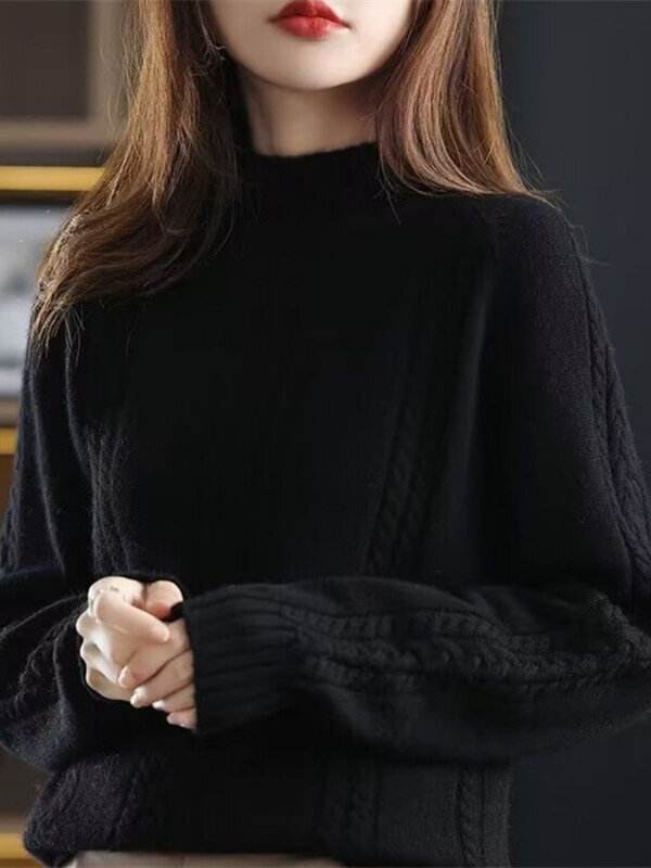 여성용 뜨게 울 스웨터, 하프 하이넥 상의, 따뜻한 풀오버, 아름다운 울, 2024 겨울 패션