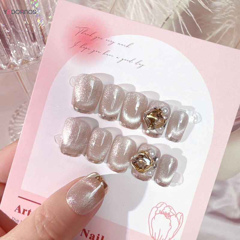 Stampa fatta a mano sulle unghie occhi di gatto unghie finte argento stile francese unghie finte suggerimenti Glitter strass Design Manicure fai da te 10 pz