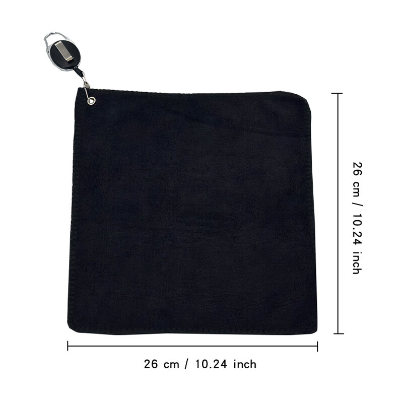 Toalha de golfe de microfibra com gancho mosquetão, veludo dupla face, preto, algodão, limpeza, limpeza desportiva, 26x26cm, 10,24x10,24"