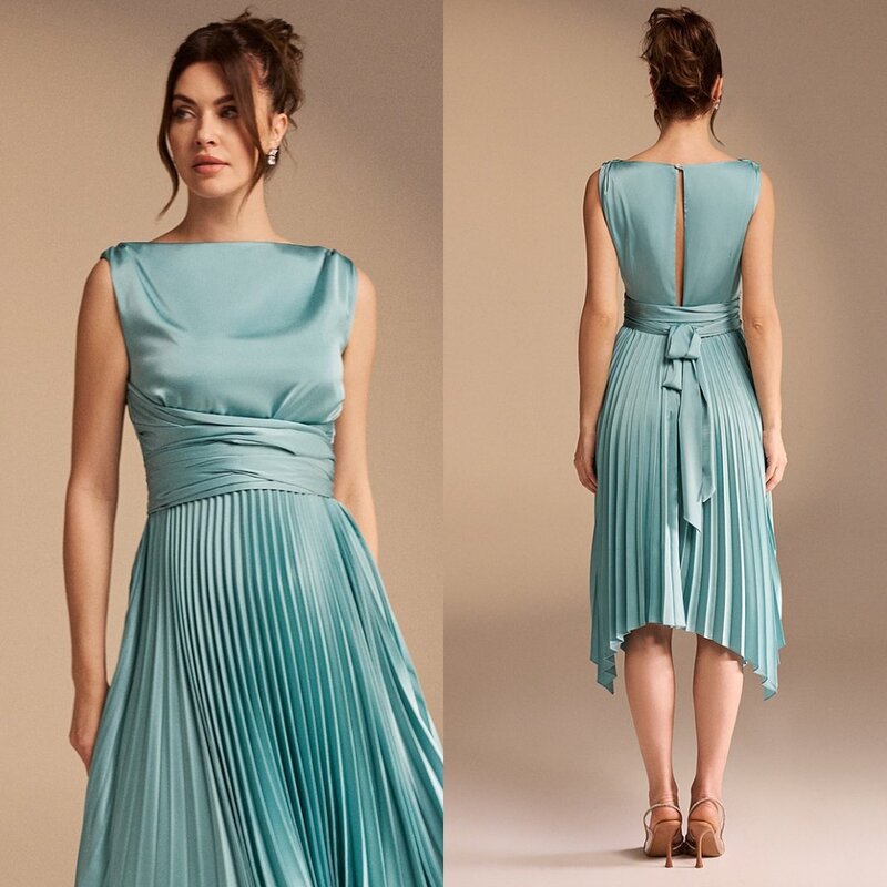 Prom Dress Evening Charmeuse Bow Pleat Christmas A-line Boat Neck Bespoke Occasion Gown Midi Dresses Saudi Arabia