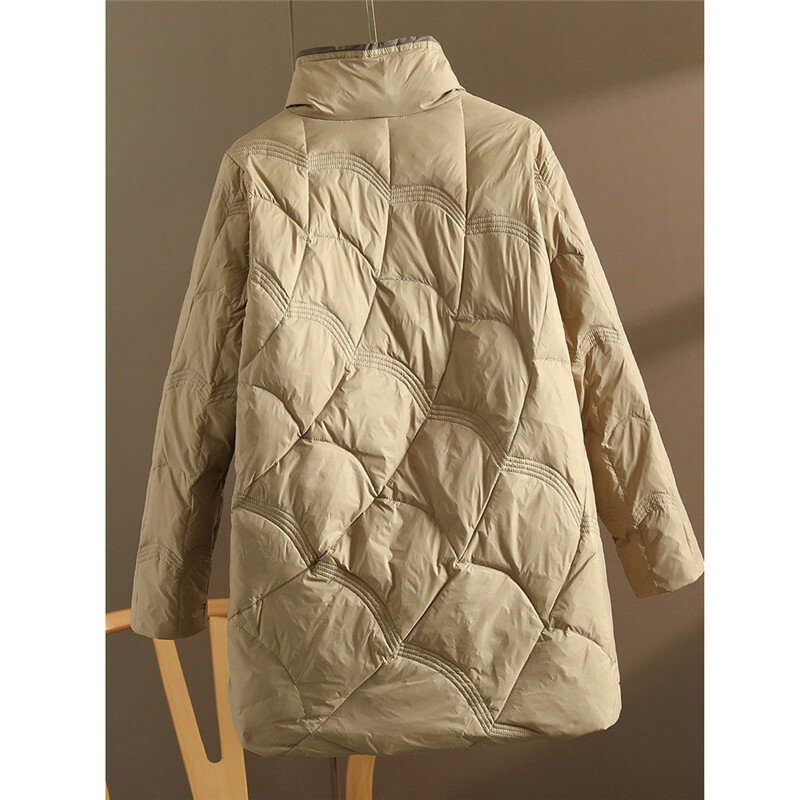 Женская теплая куртка на белом утином пуху, свободная приталенная парка с воротником-стойкой, длинная пуховая верхняя одежда, осень-зима 2022