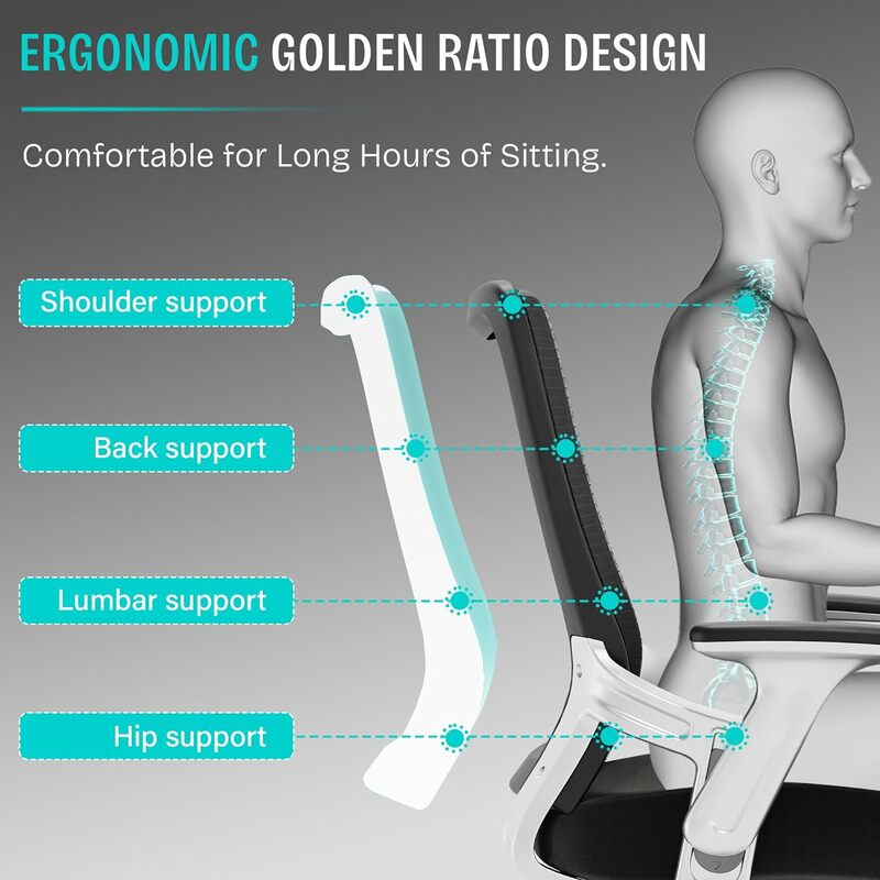 Kursi kantor ergonomis, kursi meja kerja tugas jala dengan penyangga pinggang yang dapat disesuaikan, sandaran lengan lipat, fungsi miring, lebar nyaman