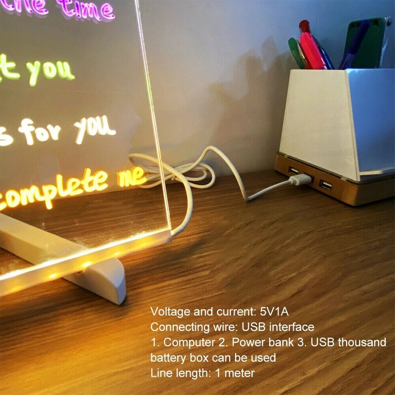 USB Note Board Message Board Night Light Erasable Acrylic Board Lamp with Pen DIY Table Lamp Bedroom Bedside Light Home Decor