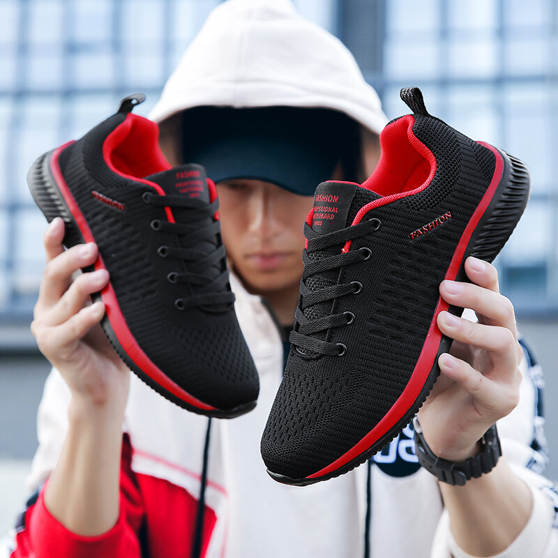 Sepatu Olahraga Sneakers Lari Ringan Pria Sepatu Jalan Kasual Bersirkulasi Antiselip Nyaman Hitam Ukuran Besar 38-48 Hombre