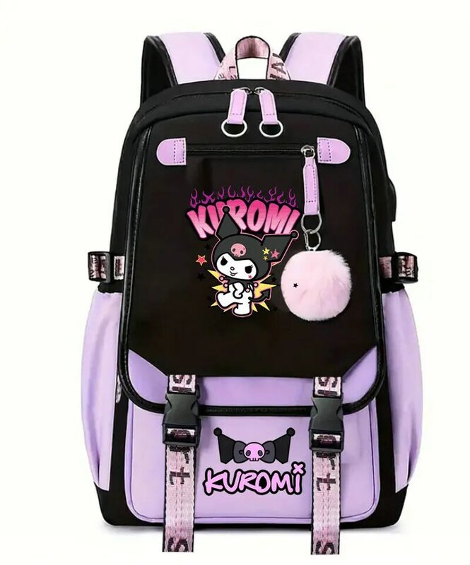 MINISO Kuromi-mochila escolar de Anime para niña, morral de lona para ordenador portátil para mujer, morral de dibujos animados