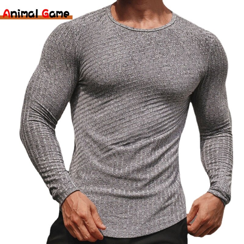 Camiseta esportiva casual masculina de secagem rápida, camisa de fundo apertado, fitness, treinamento listrado, manga comprida, dois tops de ioga, moda