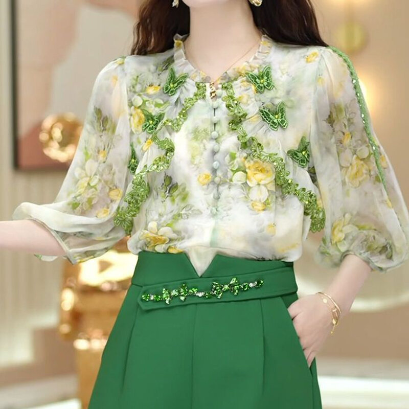Summer New Fashion Suit Round Neck High Street Three-dimensional Flower Button Pullovers and Solid Color Pockets All-match Short