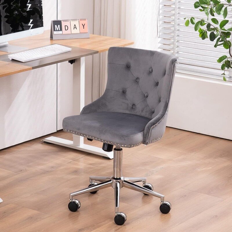 Velvet Navy Blue Swivel Home Office Chair Tufted Modern Upholstered Bedroom Desk Chairs with Wheels