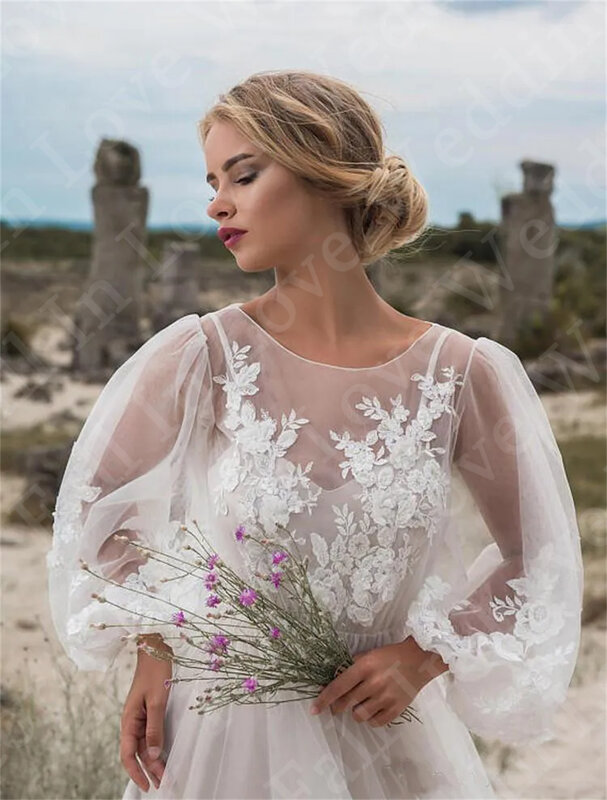 Elegant Wedding Dresses For Women Puffy Long Sleeves Lace Appliques 3D Floral Scoop Neck A-Line Floor-Length New Boho Long Dress