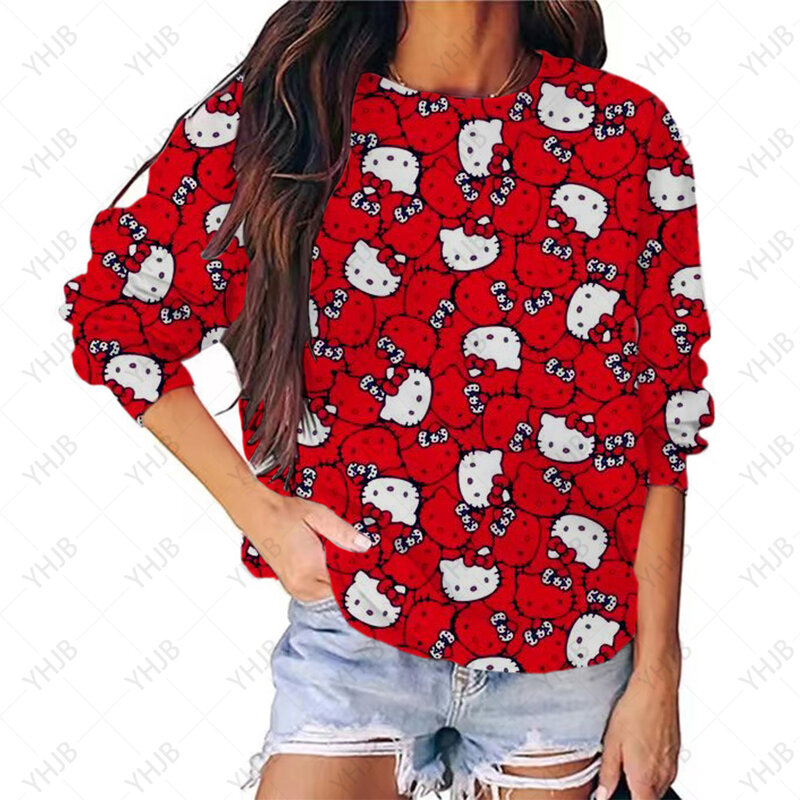 Suéter Hello Kitty feminino com gola redonda, pulôver da rainha da princesa, moda outono, Y2K, 2024