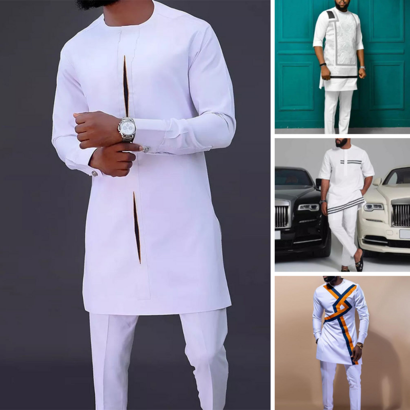 Dashiki-Conjunto de ropa larga para hombre, camiseta y pantalón blanco, traje tradicional, 2 piezas