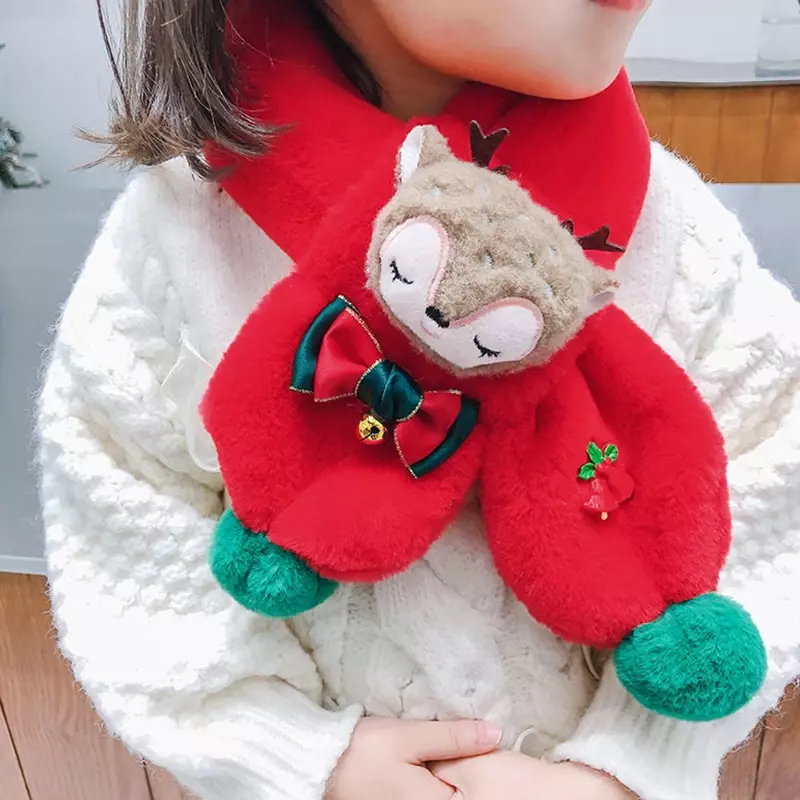 Syal rusa Natal syal musim dingin syal anak perempuan anak laki-laki syal kerah bulu kelinci imitasi bayi dengan penghangat leher Pompom шmicro