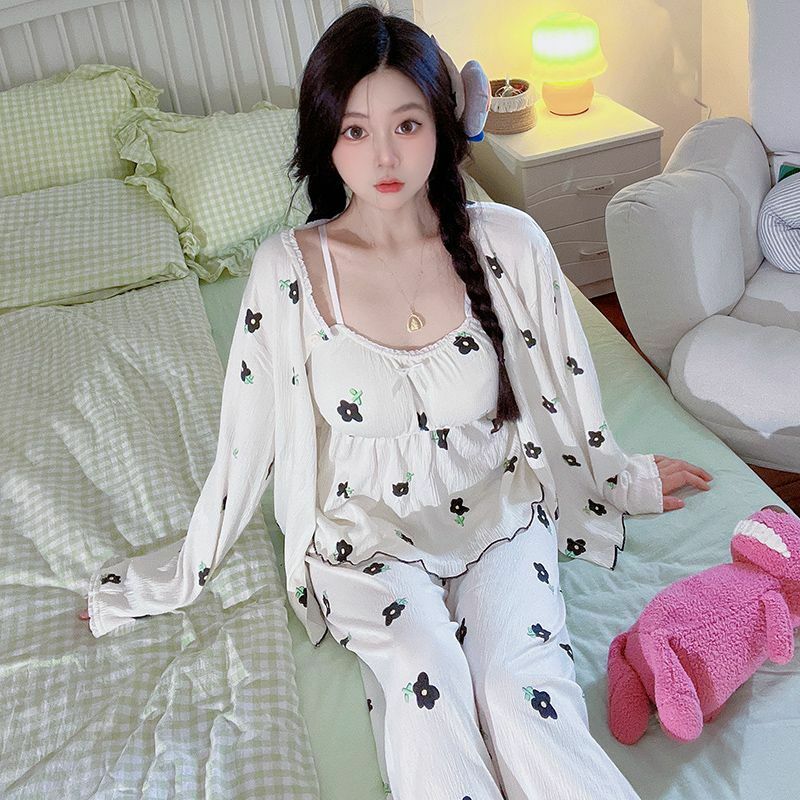 Terno de pijama feminino de três peças, manga longa, almofada no peito, roupa de casa solta feminina, doce e fofa, primavera e outono 2024