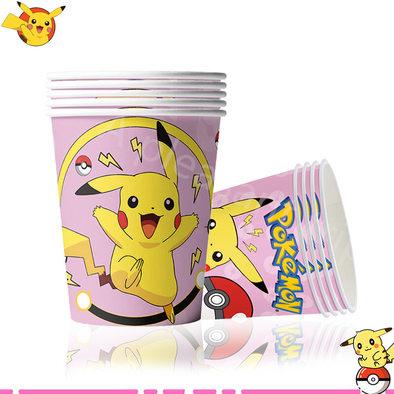 ลูกโป่งตกแต่งงานวันเกิดโปเกมอน Pikachu สีชมพูสติกเกอร์ของขวัญปาร์ตี้ผ้าปูโต๊ะถ้วยจานอุปกรณ์อาบน้ำทารกสำหรับเด็กผู้หญิงเด็ก