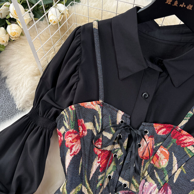 Women Sweet Knit Two Pieces Sets Vintage Bandage print Long Sleeve Sets summer Elegant  basics blouse dresses