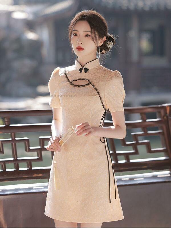 Vestido de renda oco estilo chinês para mulheres, colarinho alto, cheongsam fino, vestido lady a line, moderno qipao, diário, novo