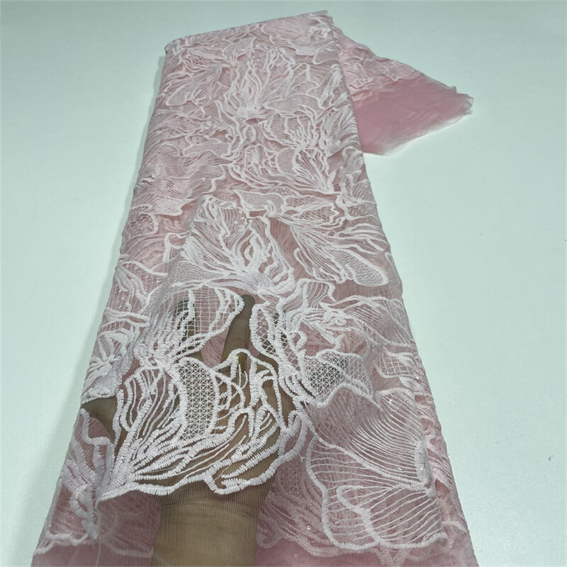 Tessuto di pizzo 3D con paillettes ricamate, tessuto nigeriano africano per cucire, Tulle di pizzo netto francese, 5 yarde, Dubai, lusso, 2024