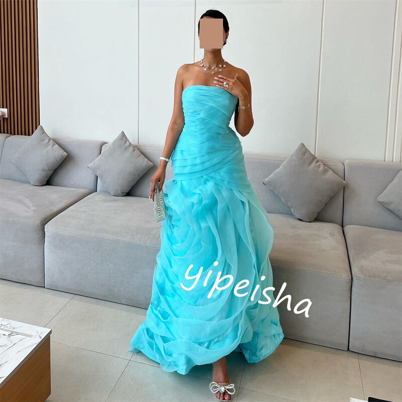 Gaun Prom gaun malam Organza Pleat Prom A-line tanpa tali tanpa Bespoke gaun acara gaun panjang Arab Saudi