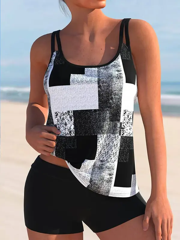 Geometric Print Double Straps Tankini Set swimsuit women