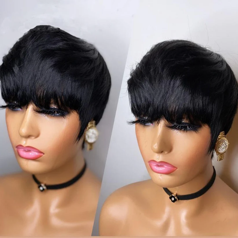 Pelucas de corte Pixie para mujeres negras, cabello humano recto corto con flequillo, en capas, Natural, 9A