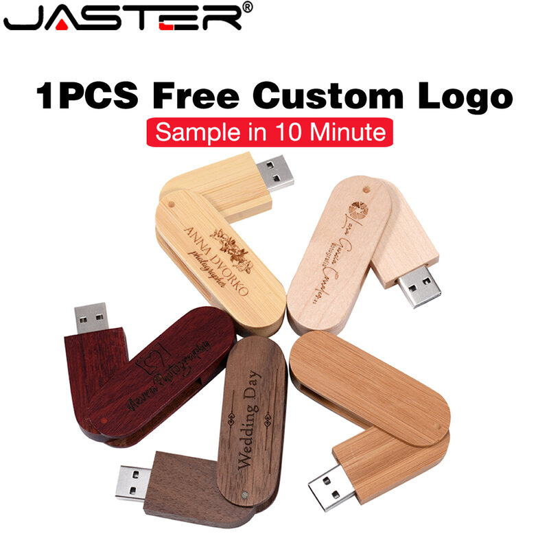 JASTER-Clé USB en bois avec logo personnalisé gratuit, clé USB rotative, stockage externe, cadeau d'affaires, 16 Go, 32 Go, 64 Go, 128 Go