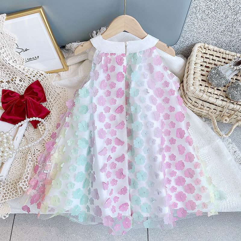 女の子のためのノースリーブのサマードレス,刺繍された蝶ネクタイ付きの子供服,リボン付きのレインボー,プリンセスドレス,新しいコレクション2022