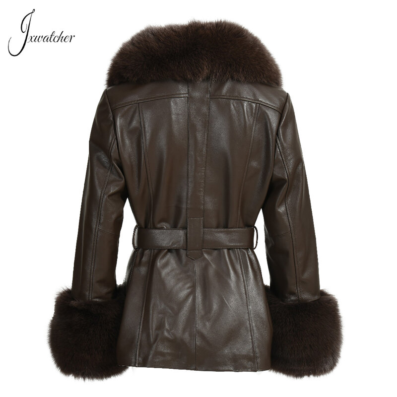 Jxwatcher เสื้อแจ็คเก็ตหนังแท้ผู้หญิงแท้ Sheepskin Coat จริง Fox Fur Collar Cuffs สุภาพสตรีเข็มขัดฤดูใบไม้ผลิเสื้อฤดูใบไม้ร่วง