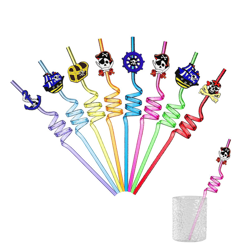 6Pcs Pirate Straws reusable Pirate skull shape drinking Straws Kids Caribbean Pirate themed party birthday decoration Straw gift