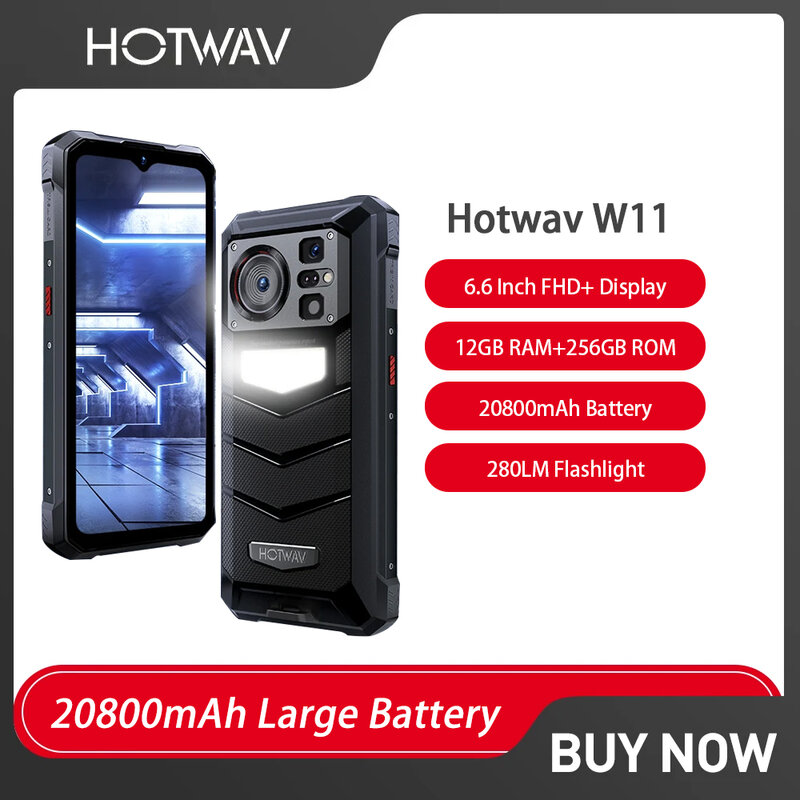 HOTWAV W11 wytrzymały smartfon Android 13 20800mAh Battery 6.6 ''FHD + 12GB RAM 256GB ROM 280lm latarka 33W telefon komórkowy na wyprzedaży