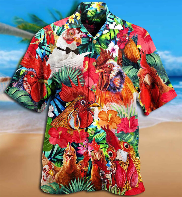 Camiseta hawaiana con estampado 3D para hombre, camisa holgada y transpirable de manga corta con diseño de pollo, a la moda, para playa, verano, novedad