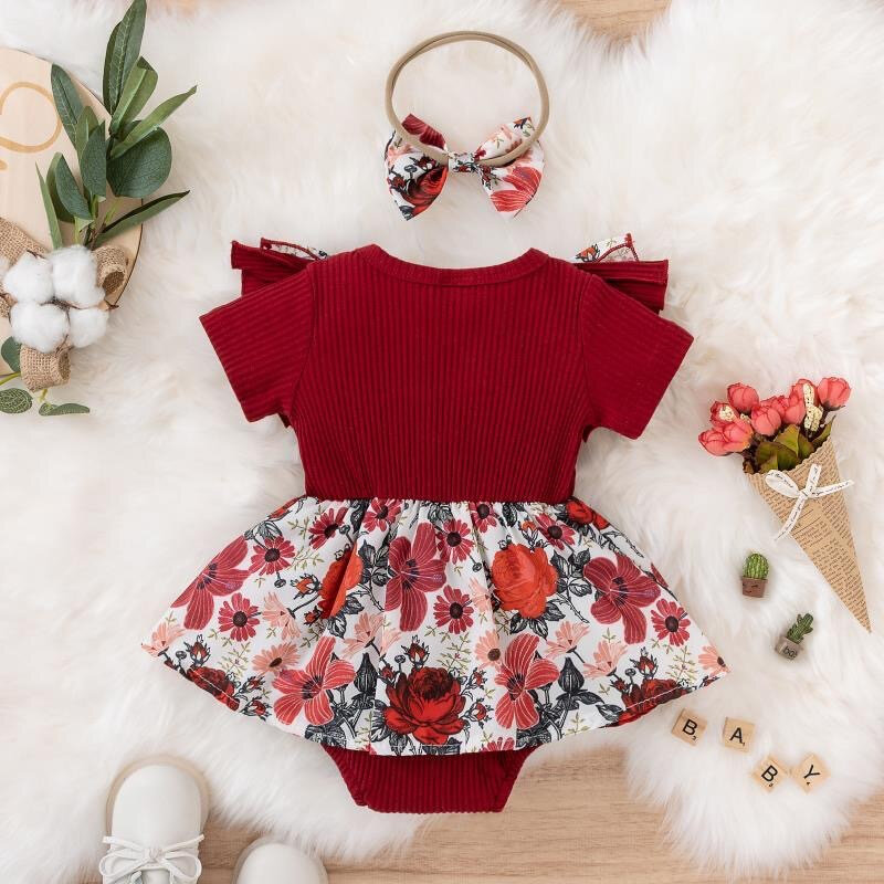 Vestido para a menina do verão, macacão listrado, roupa do algodão, projeto floral, para o recém-nascido