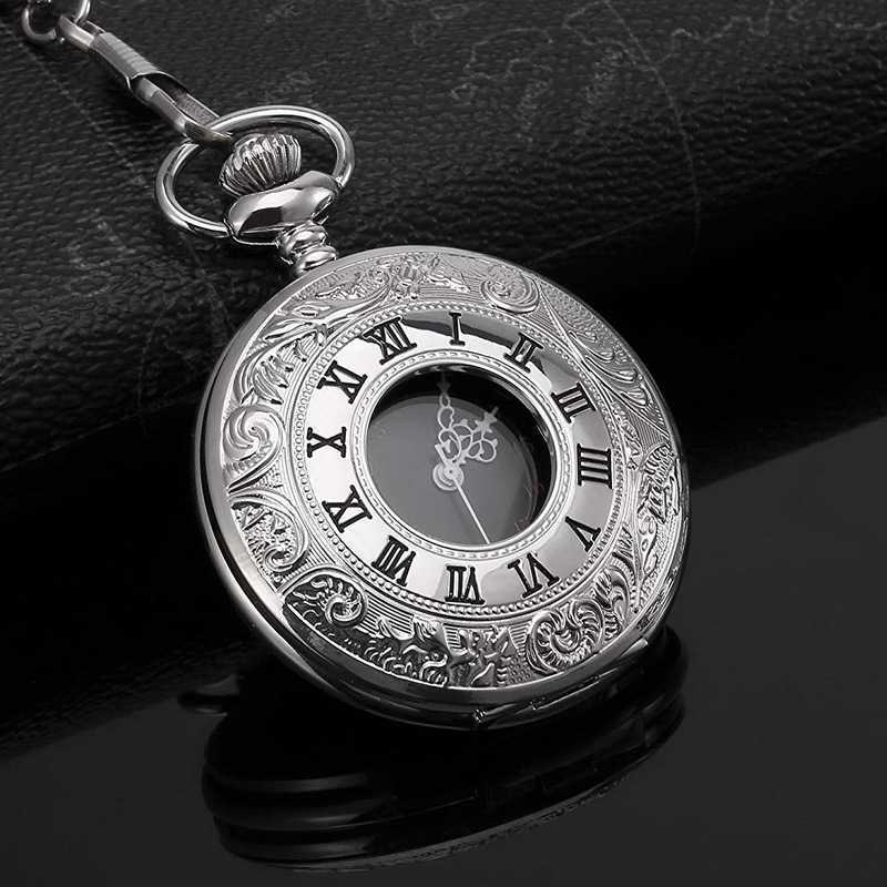 Vintage Quartz Relógio de Bolso para Homens e Mulheres, Colar Pingente Preto, Corrente Cinto, Numeral Romano, Steampunk
