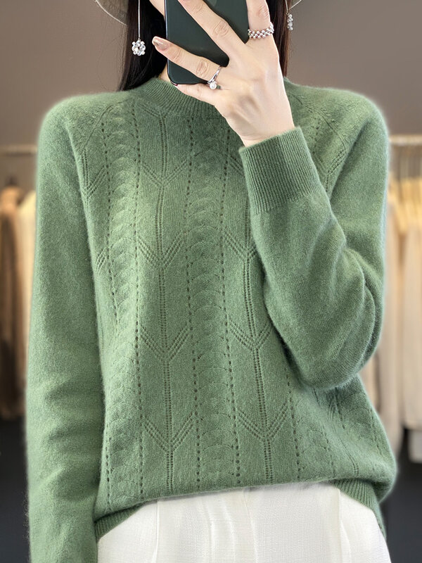 Addonee Autumn Winter Women Sweater Mock Neck Long Sleeve 100% Merino Wool Pullover Casual Hollow Cashmere Knitwear Korean Style