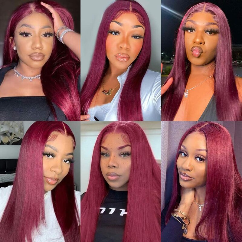 180% Density Glueless Wigs 99J Burgundy Straight 13x4 Lace Front Human Hair Wig for Women Straight Pre Plucked with Baby Hair